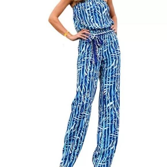 Lilly Pulitzer Tia Santorini Blue Beach Break Strapless Jumpsuit - Size M - Picture 1 of 7